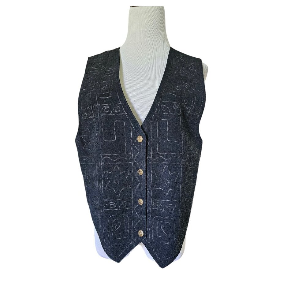 90s - 00s Agapo Collection black embroidered suede leather-front vest . M
